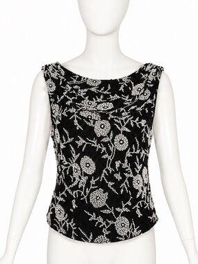 Vintage Cache Beaded Silk Sleeveless Top – Black & White Size S